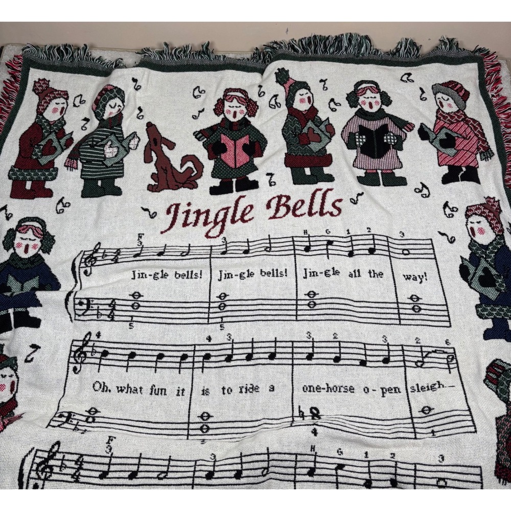 Vtg‎ Jingle Bells Christmas Carolers Tapestry Throw Musical Notes Blanket